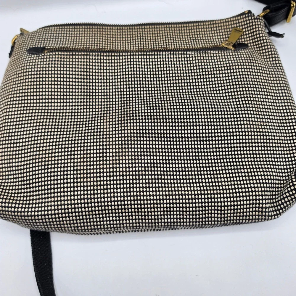 Fossil Crossbody Bag Black Cream Woven Fabric Leather Messenger Brass Hardware